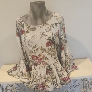 Entro Cream and Red Peplum Blouse with 3/4 Bell Sleeves